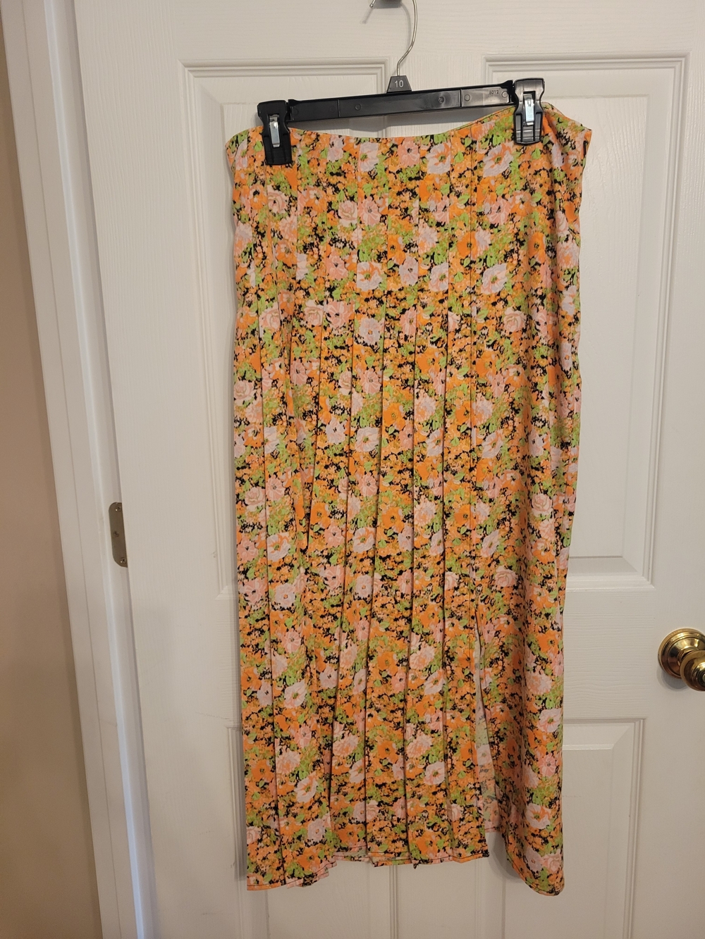 Pleated Floral Midi Skirt With Slit- Peach Multi